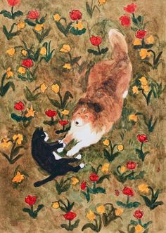 two cats playing with each other in a field of flowers and tulips on a brown background