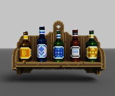 an image of beer bottles on a wooden shelf in pixel art style with grey background