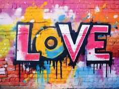 graffiti on a brick wall with the word love painted in black, yellow and pink