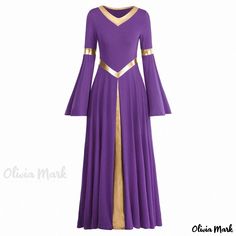 Olivia Mark - Gold-Trimmed Praise Dance Costume for Halloween Stage Performance, Bell-Sleeved Church Maxi Dress Praise Dance Dresses, Black Spaghetti Strap Dress, Praise Dance, Costume For Halloween, Two Piece Jumpsuit, Stage Performance, Dance Dress, Dance Costume, 70 Dress