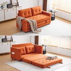 an orange couch is sitting in the middle of a living room with white rugs