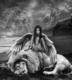 a woman with wings sitting on top of a lion