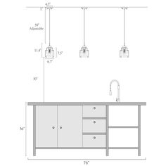 a drawing of a kitchen with an island, sink and hanging lights above the counter