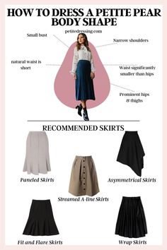 Petite Pear Shaped Body Outfits, Pear Silhouette Outfit, Best Skirts For Pear Shape, Skirt For Pear Shape Body Types, Pear Shaped Outfits Winter, Short Pear Shaped Outfits, Skirt For Pear Shape, Petite Body Outfits, How To Style Pear Body Shape