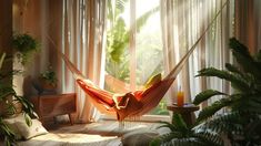 a hammock hanging in the middle of a room filled with potted plants