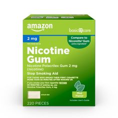 Amazon Basic Care Nicotine Polacrilex Gum 2 mg (nicotine), Mint Flavor, Stop Smoking Aid; quit smoking with nicotine gum, 220 Withdrawal Symptoms, User Guide, Active Ingredient, Gum, Personal Care, Mint, How To Apply, Packaging