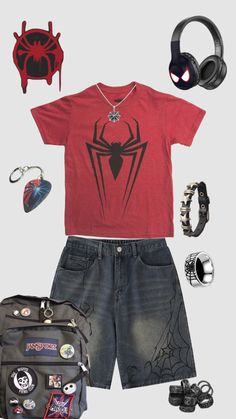 Summer Emo Outfits, Emo Outfits Men, Outfit Ideas Shirt, Spiderman Outfit, Shirt Outfit Ideas, Men Outfit Ideas, Shirt Design Ideas