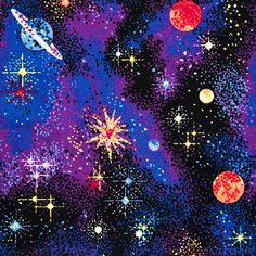 a space scene with stars and planets in purple, red and blue colors on a black background