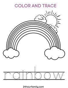 a rainbow with clouds and the word color and trace in black and white, on top of