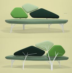 three different types of benches with trees on them, one in green and the other in white