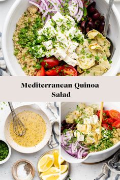 the ingredients for mediterranean quinoa salad in bowls