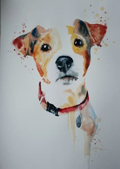 a watercolor painting of a dog's face on a white paper with brown spots