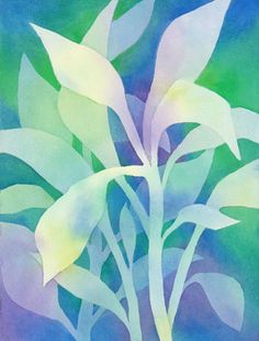 a painting of some white flowers on a blue green and purple background with watercolors