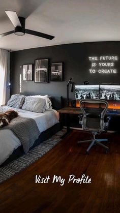 a dog laying on top of a bed in a bedroom next to a desk and chair