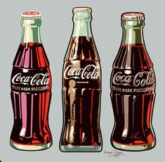 three coca - cola bottles are shown on a gray background