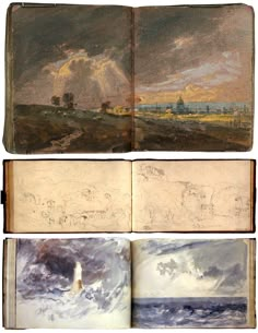 three books with drawings on them and one is opened to show the landscape in different stages