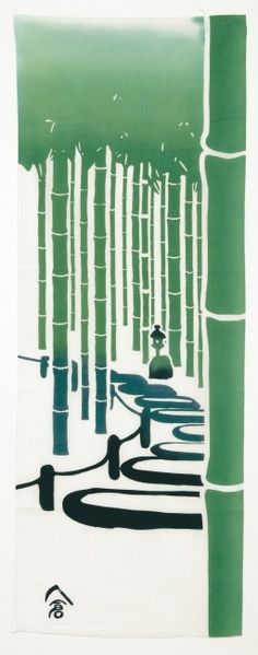 an image of a green and white painting with bamboo poles in the foreground, on a white background