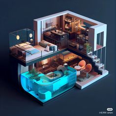 an aerial view of a living room, bedroom and dining area in a futuristic house