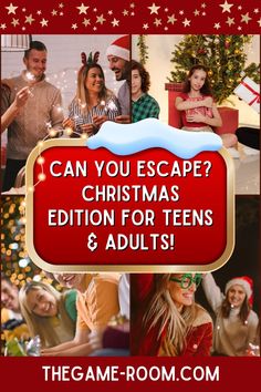 an advertisement for the game room with christmas pictures and text that reads can you escape? christmas