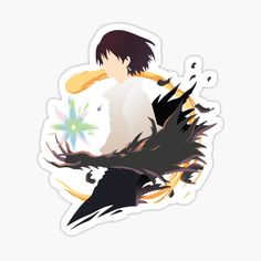 a sticker with an image of a person holding a flower and two black birds