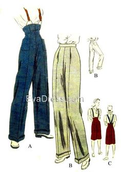 "Originally by Vogue (9016), (\"Easy to Make\") 'Slacks with built-up or regulation waist line and choice of long or below-knee length. Built-up version is dart-fitted at front and back with patch pockets at front.  Slacks finished on belt at waist line have dart fullness released at front and patch pockets at back.  Ribbon suspenders buttoned over elastic loops at front are optional.  Turned back cuffs on long version.  Blouse is not included.' This is a digitally-drafted 7-piece multi-size pat Style Année 20, Robes Vintage, Couture Mode, Poses References, Trouser Style, Drawing Clothes, Vintage Sewing Patterns, Historical Fashion