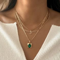 Gold - Oval Emerald Necklace | Vintage Style | 14k Gold Filled | Le Sensor – LE sensor Rectangle Pendant Necklace, Emerald Green Necklace, Vintage Gold Necklace, Rectangle Pendant, Emerald Necklace, Emerald Stone, Green Necklace, Gold Filled Jewelry, Cz Stone