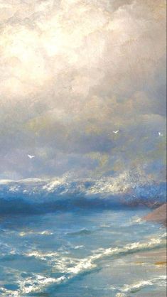 an oil painting of the ocean with birds flying in the sky and clouds above it