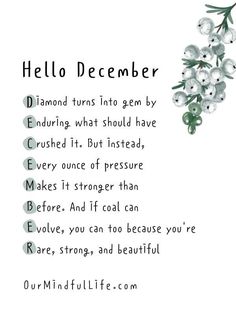 a poem written in the language hello december with white flowers and green leaves on it