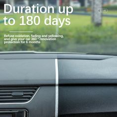 the interior of a car with an advertisement on it's dash board that says, duraton up to 130 days