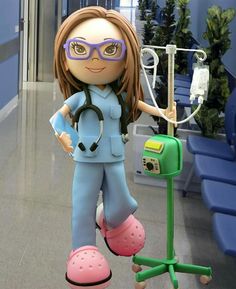 a female doctor doll standing next to a medical machine