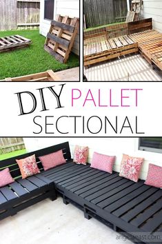 the diy pallet sectional is made out of wood and has pink pillows on it