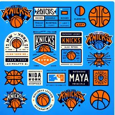 the new york nets sticker sheet is shown in blue and orange, with basketballs on