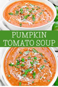 two bowls of pumpkin tomato soup with parmesan cheese on top and basil leaves in the background