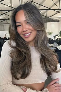 Ash Gray Babylights On Brown Hair Gray Babylights, Babylights On Brown Hair, Ashy Brown Hair Balayage, Ash Brown Hair Balayage, Ashy Brown Hair, Ashy Brown, Cool Brown Hair, Babylights Hair, Balayage Hair Ash