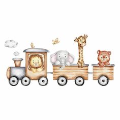 a watercolor drawing of a train with animals on the front and giraffes on the back