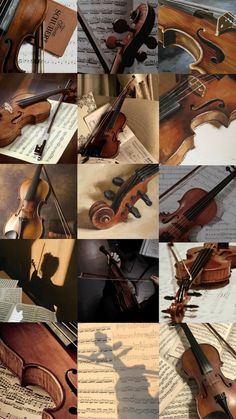 many different types of violins are shown in this collage with music sheets and sheet music