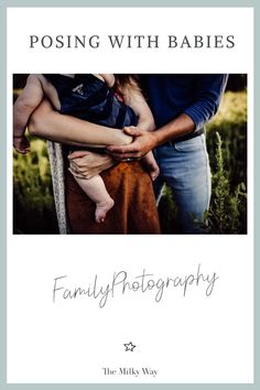 a family photo with the words posing with babies on it and an image of two adults