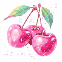 two pink cherries with green leaves on them