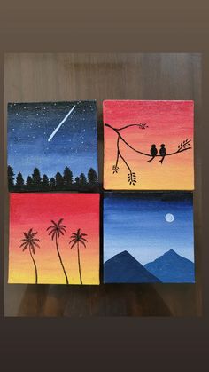 four paintings with different colors and designs on them, each painted in acrylic paint