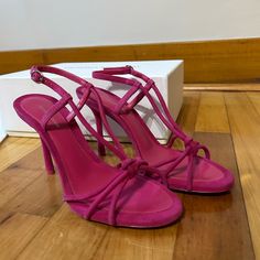 New With Box And Dust Bag Size 36 (6) Suede Fuchsia Strappy Heels With Buckle Comes With Extra Set Of Heel Caps Dark Pink Heels, Designer Pink Heels With Square Toe, Designer Pink Square Toe Heels, Pink Square Toe Heels For Formal Occasions, Victoria Beckham Shoes, Fuschia Shoes, Fuchsia Heels, Heel Caps, Pink Heels