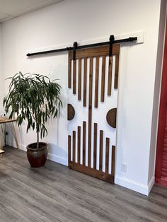 a potted plant sitting next to a wooden door