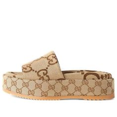 Gucci Luxury Brown Sandals, Gucci Brown Slip-on Sandals, Gucci Brown Sandals For The Beach, Designer Beige Slip-on Sandals, Designer Beige Platform Sandals, Gucci Beige Open Toe Sandals, Luxury Beige Slip-on Sandals, Gucci Beige Sandals For Summer, Beige Gucci Sandals For Summer