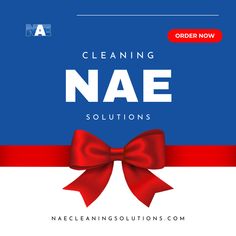 a red bow on top of a blue background with the words cleaning nae solutions