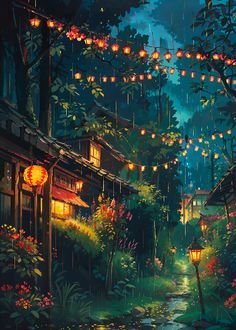 A Studio Ghibli inspired lofi environment depicting a village in the forest with lanterns in the rain Studio Ghibli Background, Amoled Wallpapers, Cocoppa Wallpaper, Wallpaper Collage, Studio Ghibli Art, Modern Canvas Art, Ghibli Art, Cool Wallpapers Art, Art For Your Home