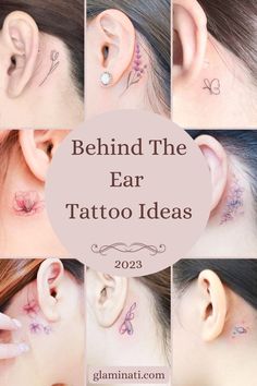 the ear has many small tattoos on it and is surrounded by smaller images that show different designs