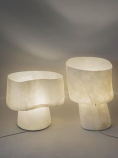 two lamps sitting next to each other on a table