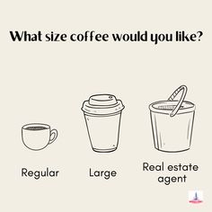 coffee cups with the words what size coffee would you like? regular large real estate agent