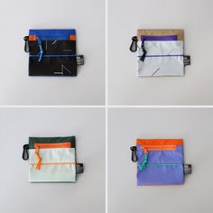 four different zippered pouches are shown in four different colors and sizes, each with a zip