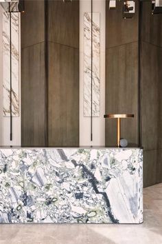 a marble counter in front of two tall wooden walls and a gold lamp on the side