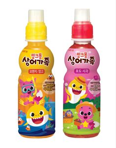 two bottles of baby food with cartoon characters on the front and back, one is pink